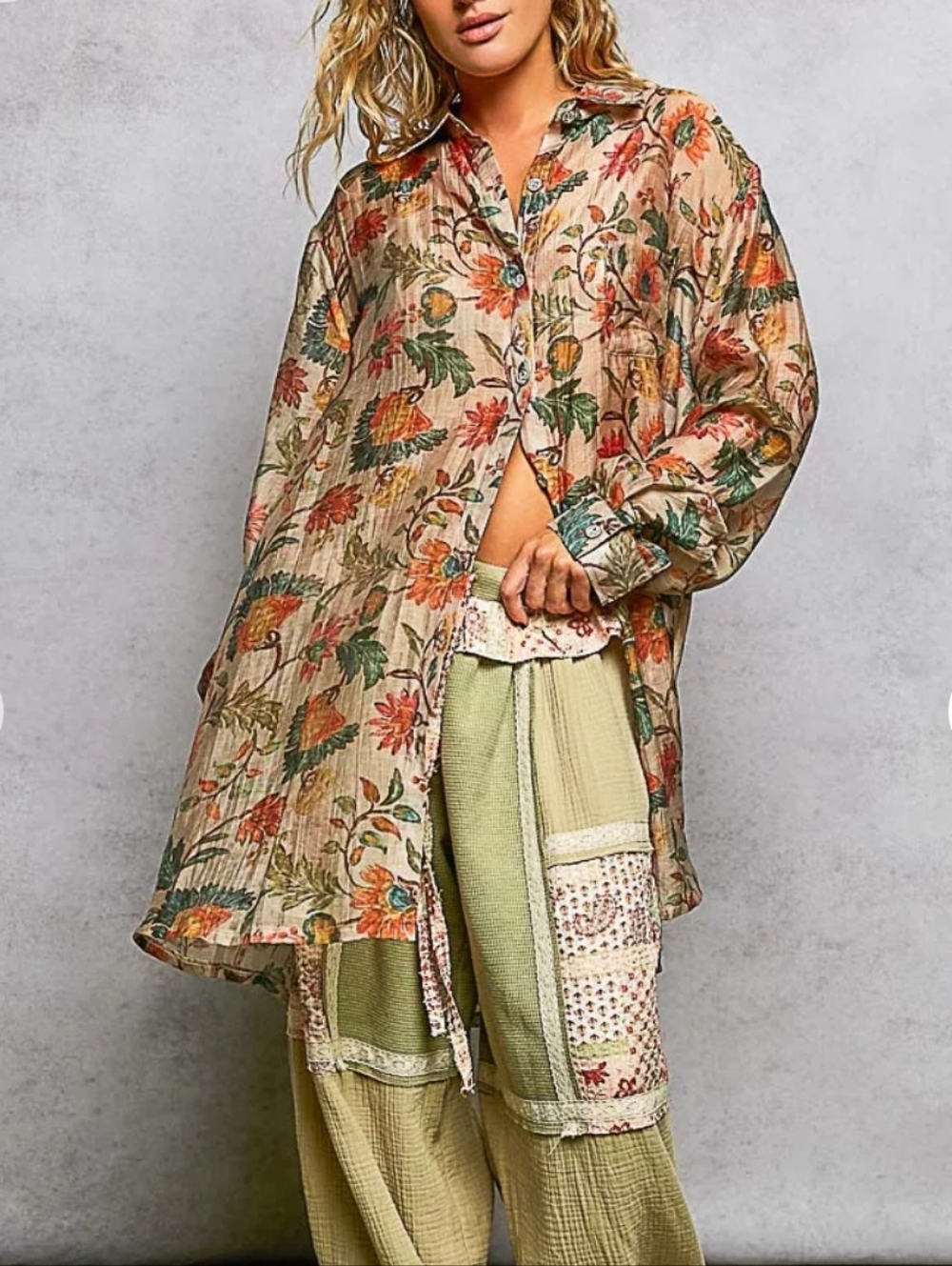 NS80.POL Bohemian Oversized Floral Button-Down Sheer Tunic - Picture 4 of 4